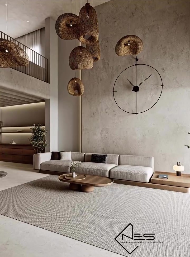 NES double-height living-room design with woven lighting